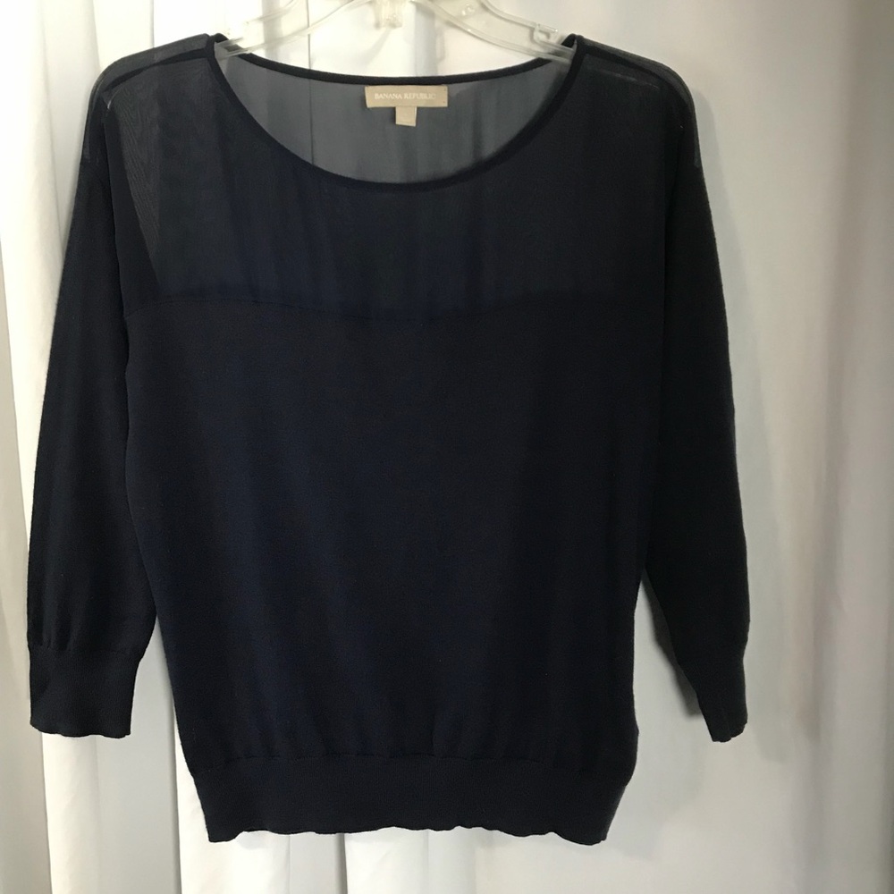 Banana Republic Navy Silk Blend Sheer Yoke Sweater